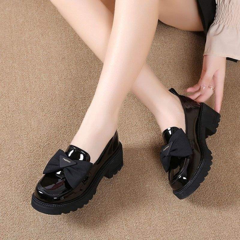 Women's Thick-Soled Loafers2025New Spring Mid-Heel Versatile Women's Shoes with Bowknot and Shiny Leather