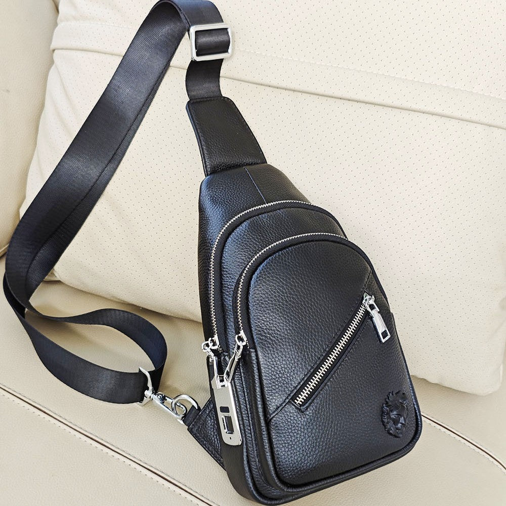 Anti-theft Bag Travel Essential Genuine Leather Chest Bag Men's Sports Soft Belt Fingerprint Lock Single Shoulder Crossbody Chest Bag