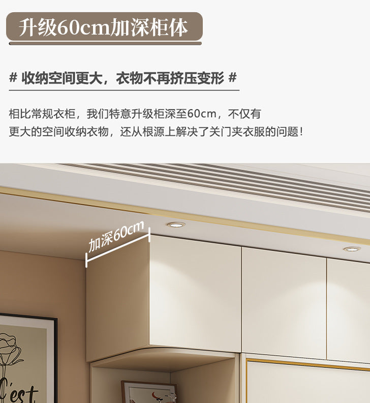 Cream Style Solid Wood Sliding Door Wardrobe for Home Bedroom with Hanging Area, Multiple Storage Cabinets, and Segmented Large Wardrobe