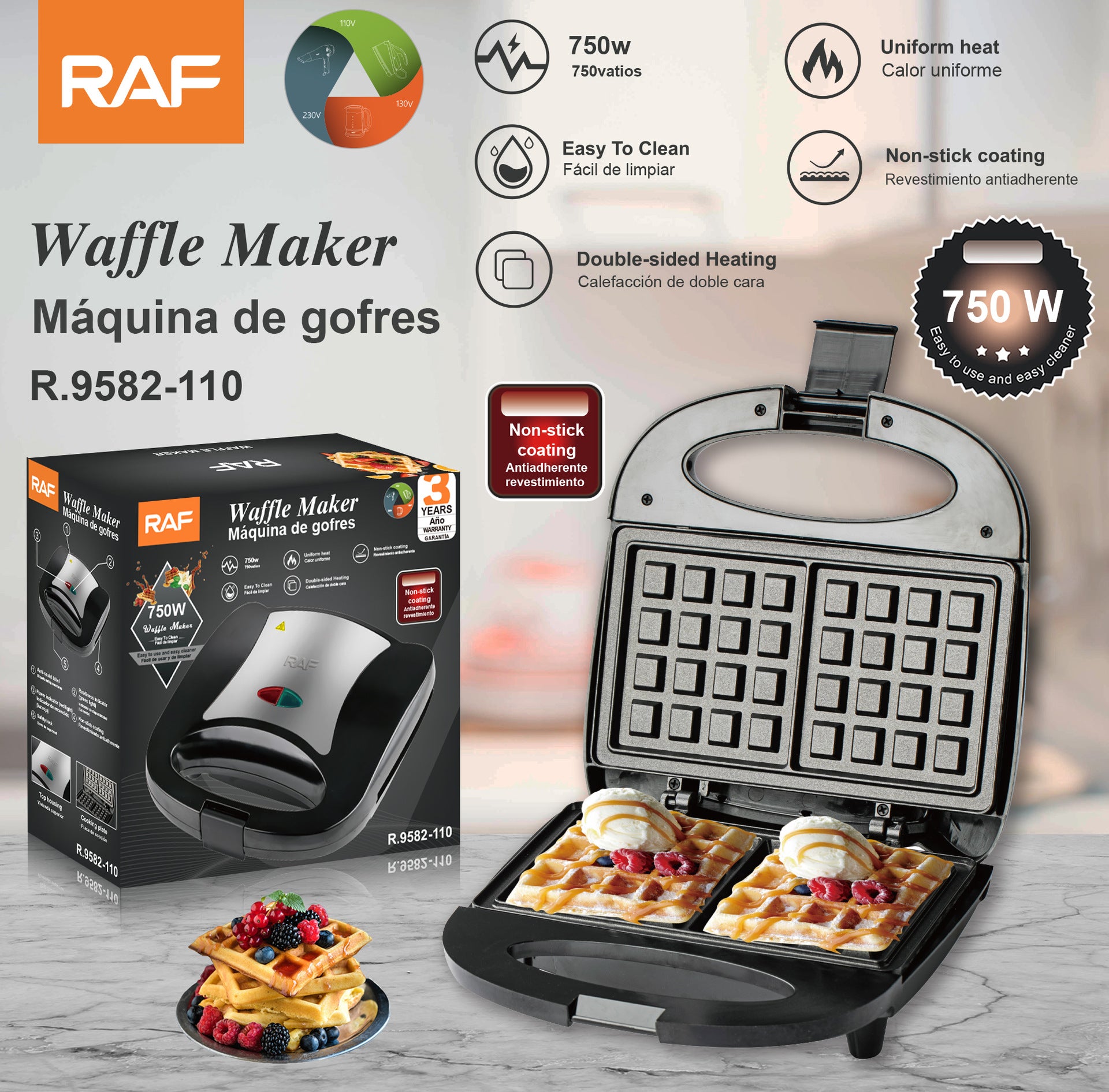 RAF European Standard Household Double-Sided Breakfast Machine Waffle Maker Heating Cake Machine Sandwich Maker Multifunctional Light Food