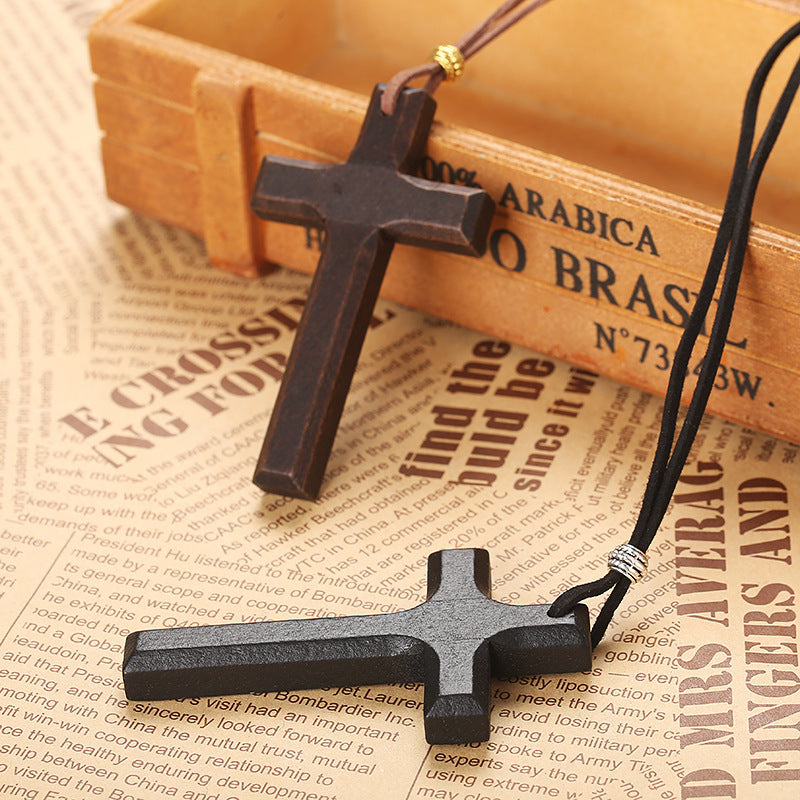 European and American Cross Sweater Chain Couple Long Necklace Gift Velvet Rope Pendant Vintage Wooden Cross Necklace
