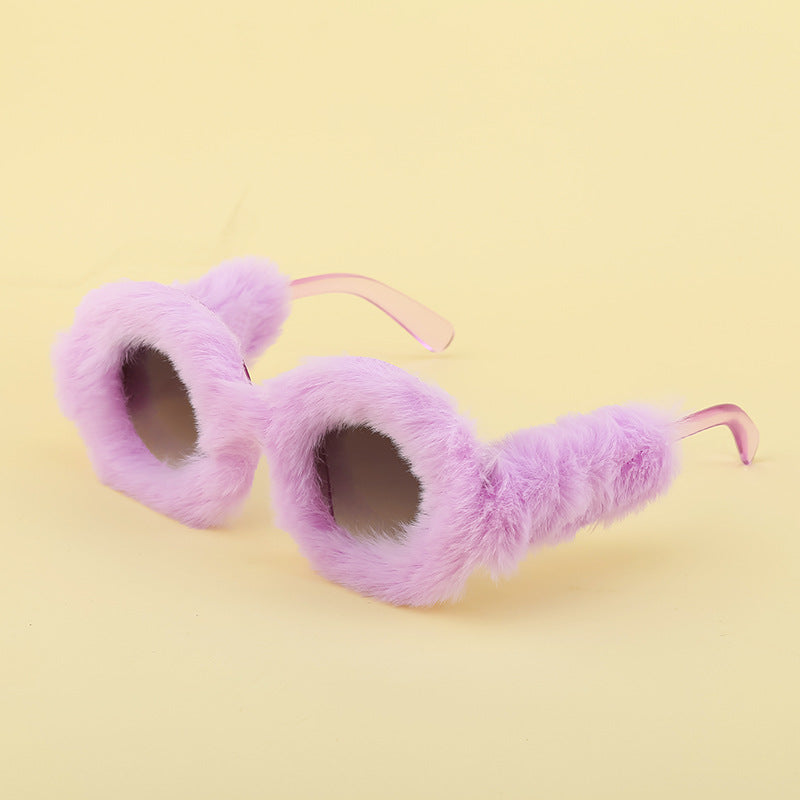 Full Coverage Plush Sunglasses Fashion Round Frame Women's Internet Celebrity Same Style Sunglasses Women's European and American Sunglasses