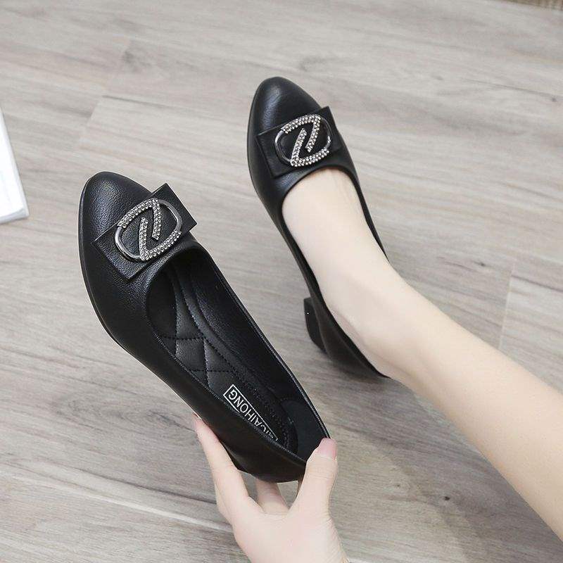 Soft Leather Single Shoes for Women, Integrated Heel, Mid-Heel, Mom Shoes, Leather Shoes, Chunky Heel, Loafers, Professional Work Shoes for Women