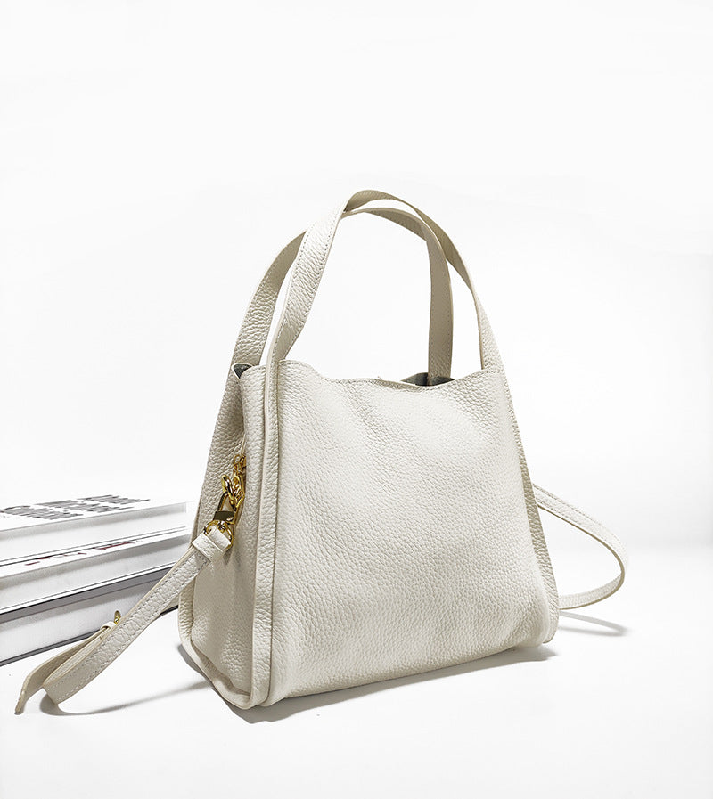 Genuine Leather Basket Bag Handheld Bucket Bag Women's Winter Crossbody Bag Large Capacity Top Layer Cowhide Bucket Style