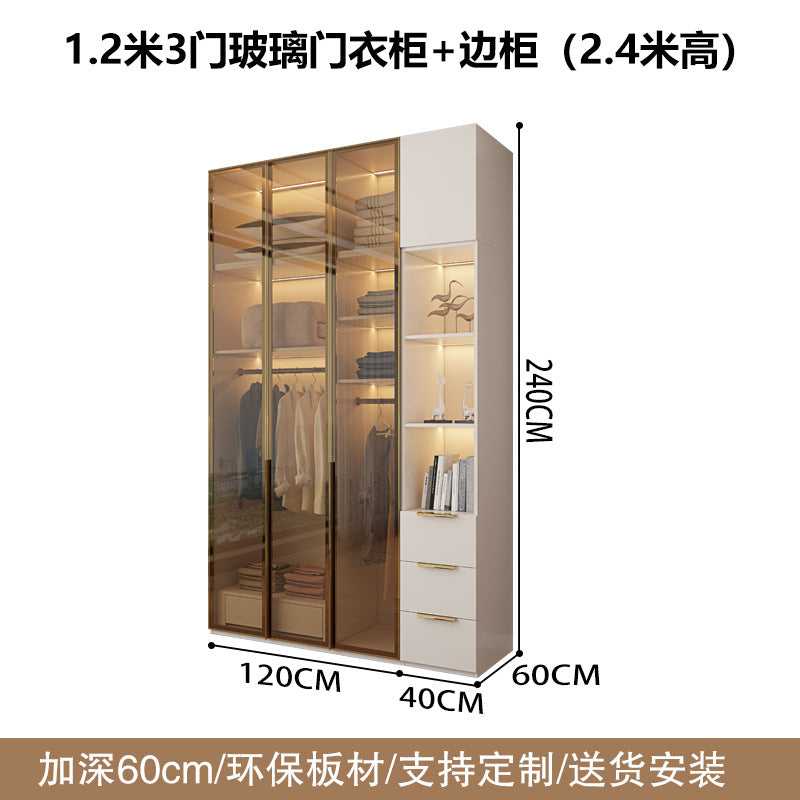 Glass Door Wardrobe with Lights, Solid Wood, Home Bedroom, Modern Simple European Pine Board, Cream Color, Skin Feel Storage, Large Wardrobe