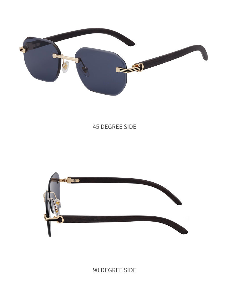 Frameless Glasses for Men High-End European and American Retro Imitation Wood Grain Temple Sunglasses UV Protection Personality Sunglasses