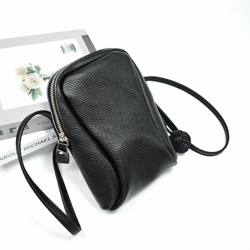 Niche Genuine Leather Phone Bag for Women2025Korean Style Fashion Versatile Lightweight Woven Ball Small Crossbody Bag