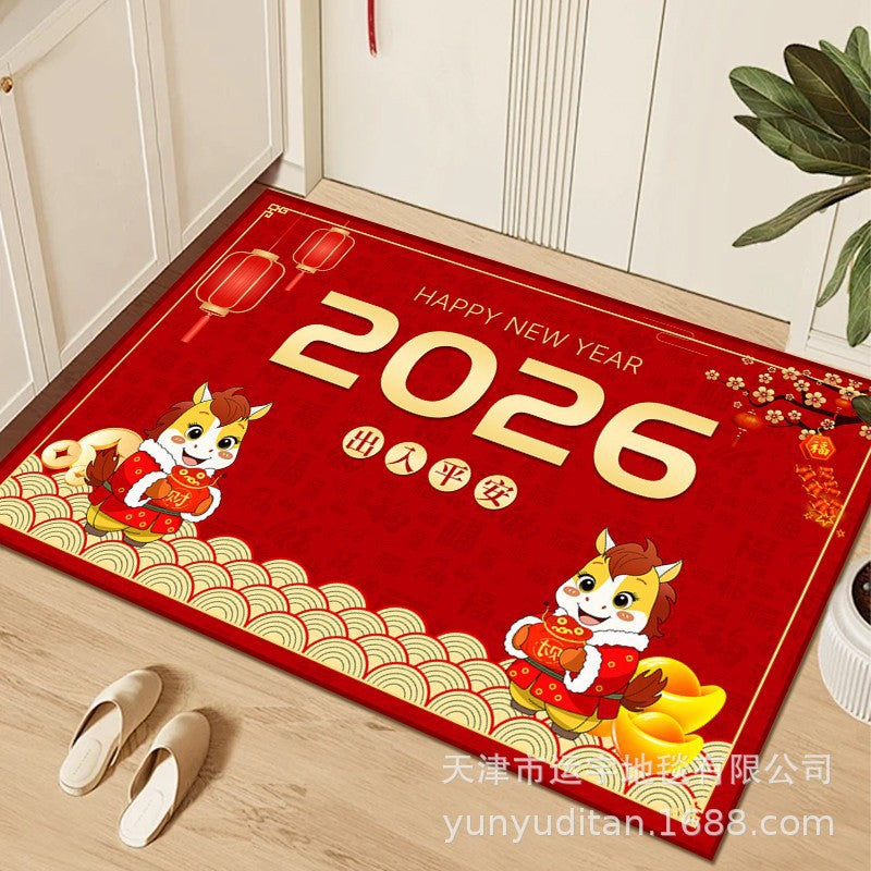 2026Year of the Horse Doormat New Year Red Festive Entrance Door Mat Spring Festival Atmosphere Dust Removal Foot Mat