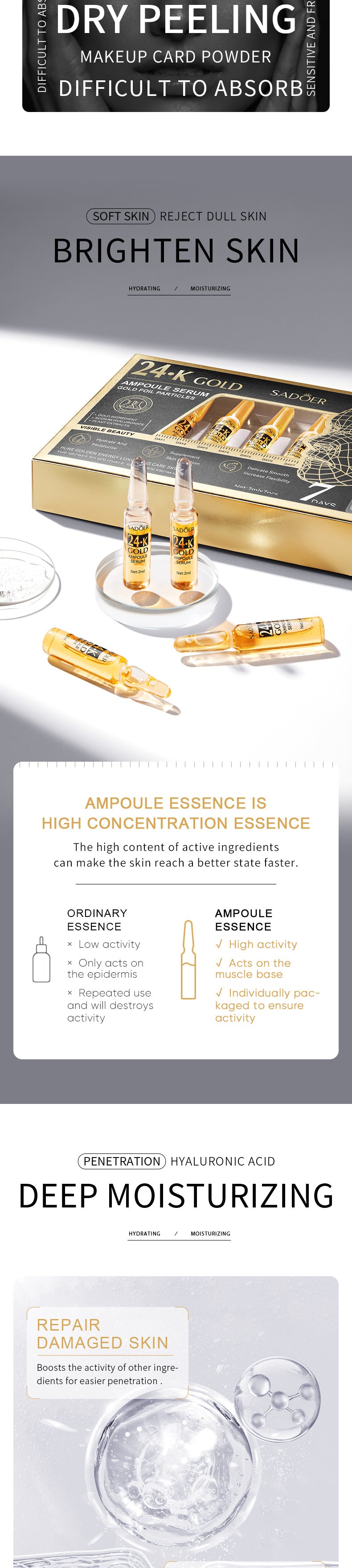 Full English Ampoule Essence SADOER Golden Hyaluronic Acid VC Moisturizing and nourishing  Foreign Trade Live Wholesale