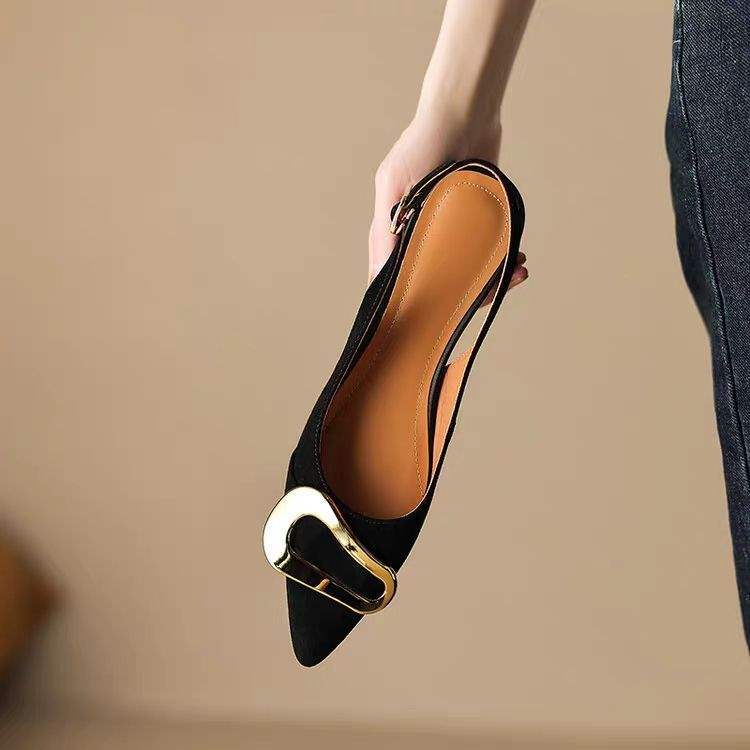 French retro metal buckle flat shoes for women2025Summer New Style Closed-Toe Sandals Pointed Elegant Shallow Mouth Flats