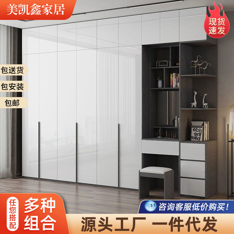 Modern Simple Wardrobe with Swing Doors, Storage Wardrobe with Dressing Table, Shelves, Side Cabinet, Bedroom Wardrobe, Entryway Installation