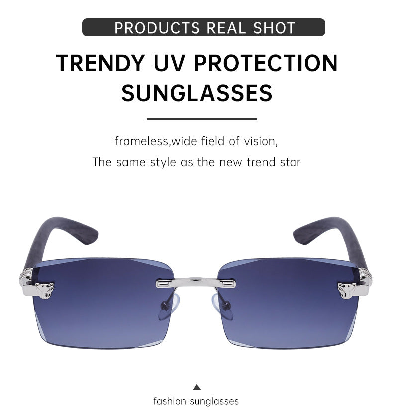 European and American Retro Frameless Sunglasses for Men with Imitation Wood Grain Temples, Men's Mountaineering Glasses shades