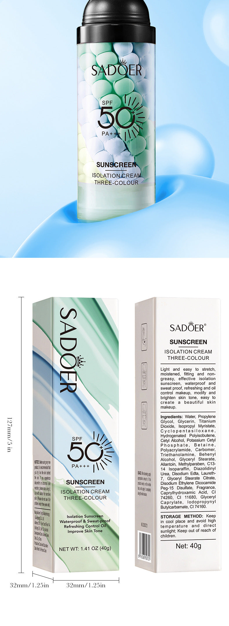 Full English Makeup SADOER Three-color Rainbow Primer Brightening Skin Tone Sunscreen Makeup Base  Wholesale