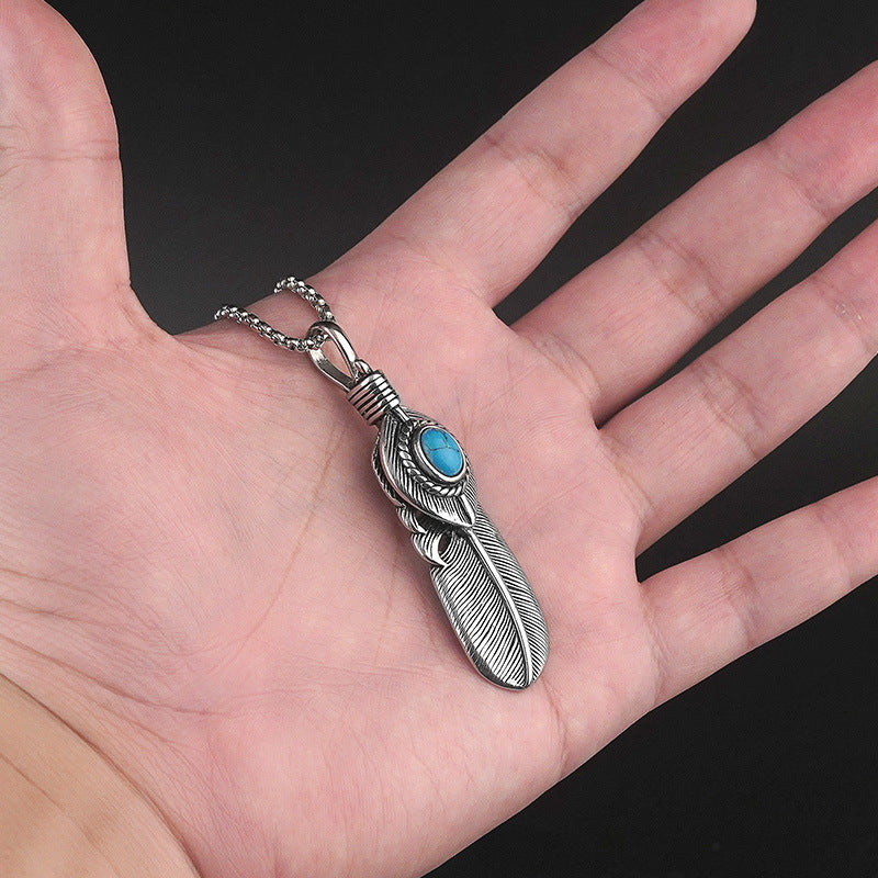 New Takahashi Goro Feather Stainless Steel Men's Necklace Vintage Inlaid Turquoise Titanium Steel Pendant Direct Manufacturer
