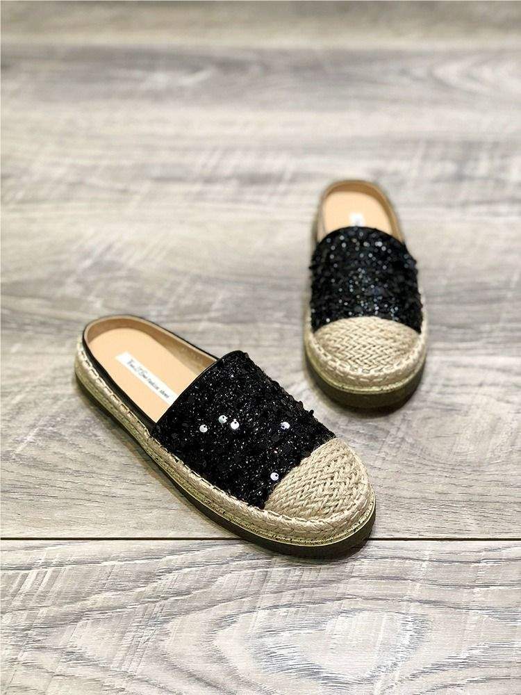 2025Spring New Knitted Retro Round Toe Sequin Slip-On Flat Fashion Closed-Toe Half Slippers Backless Fisherman Shoes