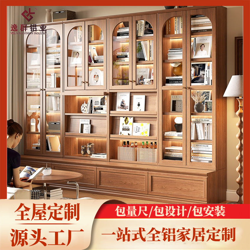 Custom Aluminum Alloy Bookshelf Walnut Color Living Room Combination Integrated Wall Floor Book Storage Display Organizer
