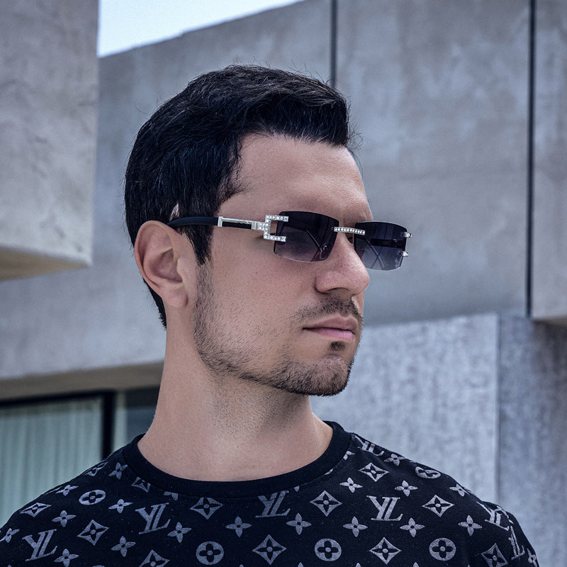 Imitation Wood Grain Leg Retro Sunglasses for Men Fashion Trend Diamond-Studded Rimless Sunglasses Men's Sun Protection Square Frame Glasses Street Style