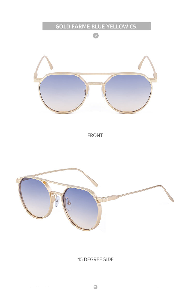 New Retro Oval Frame Glasses Metal Double Bridge Pilot Sunglasses Men's High-end Driving Sun Protection Sunglasses