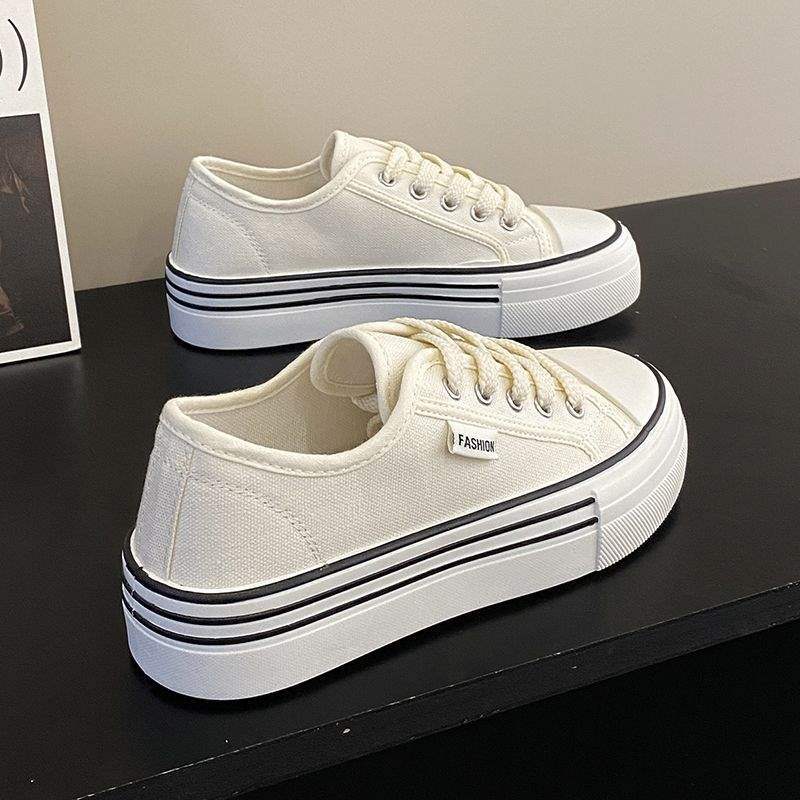 Internet Celebrity Thick-Soled Biscuit Canvas Shoes for Women2025New Spring and Autumn Versatile Breathable Casual White Sneakers