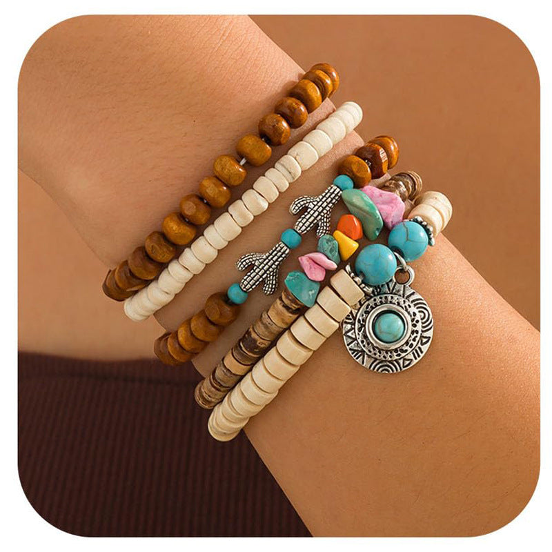 Vintage Multi-layer Soft Clay Bracelet European and American Cowboy Hat Bohemian Layered Bracelet Cow Head Cactus Turquoise Bracelet