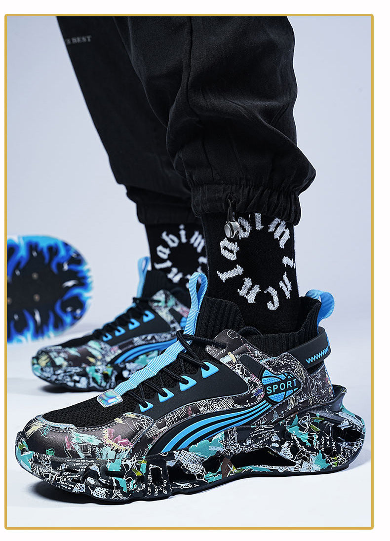 Spring Summer New Style Flyknit Camouflage Blade Men's Shoes Fashion Casual Sports Shoes Shock Absorption Height Increasing Dad Versatile Trendy Shoes
