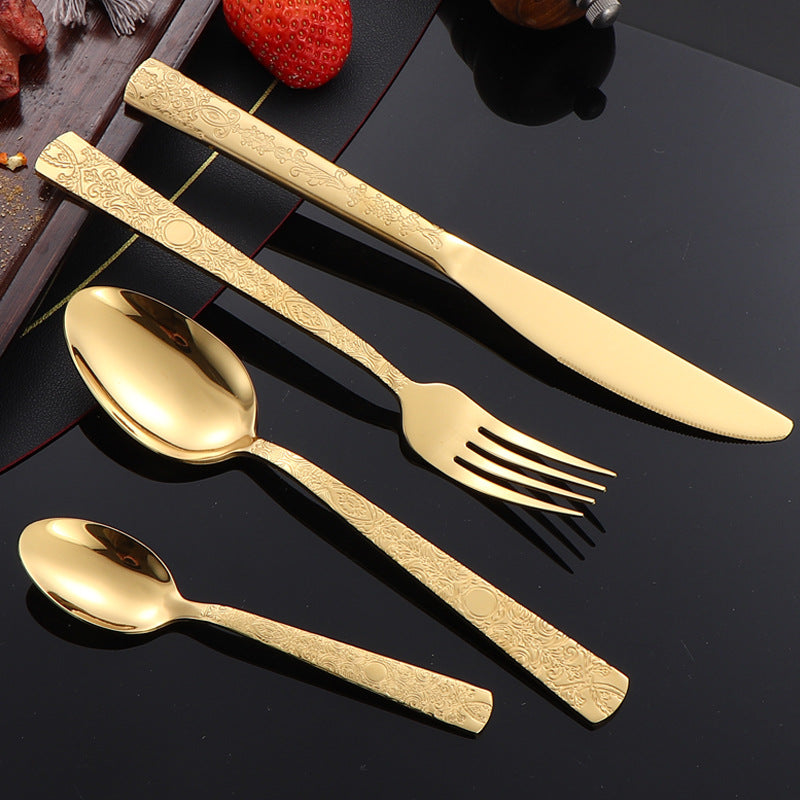 410Stainless Steel Tableware Hotel Restaurant Totem Pattern Knife Fork Spoon Four-Piece Set Western Steak Knife Fork24Set