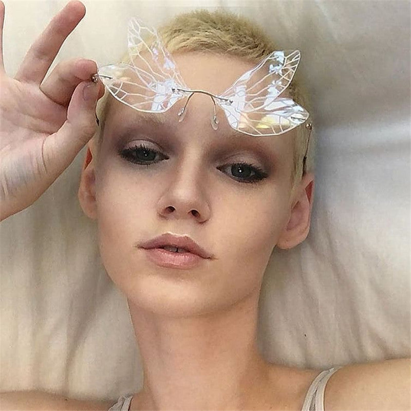 Dragonfly Sunglasses for Women, Stylish Wing Design, Fashionable Double Lens Party Dance Frameless Sunglasses