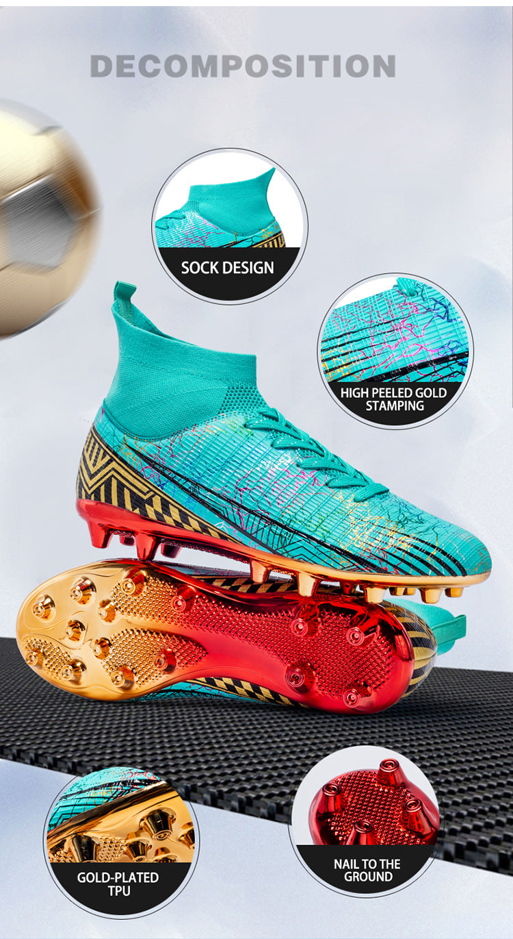 Large Size Men's Soccer Shoes AG Long Spike Gold-Plated Hot Stamping Football Shoes for Youth Professional Competition Training Shoes Wholesale