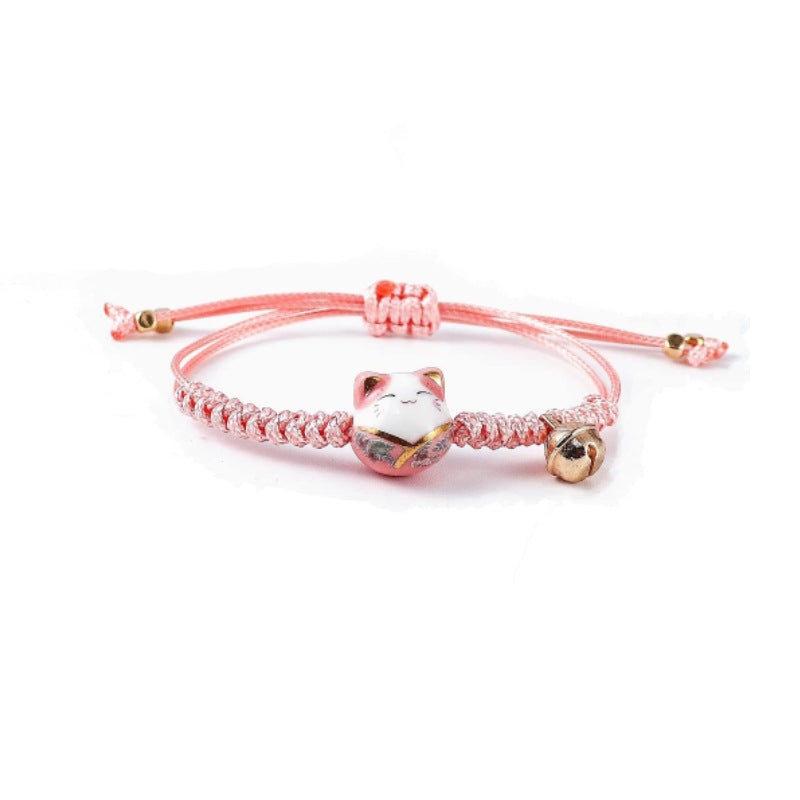Vintage Ceramic Cat Handmade Woven Bracelet for Women Best Friend Gift Bell Pendant Cartoon Lucky Cat Woven Bracelet