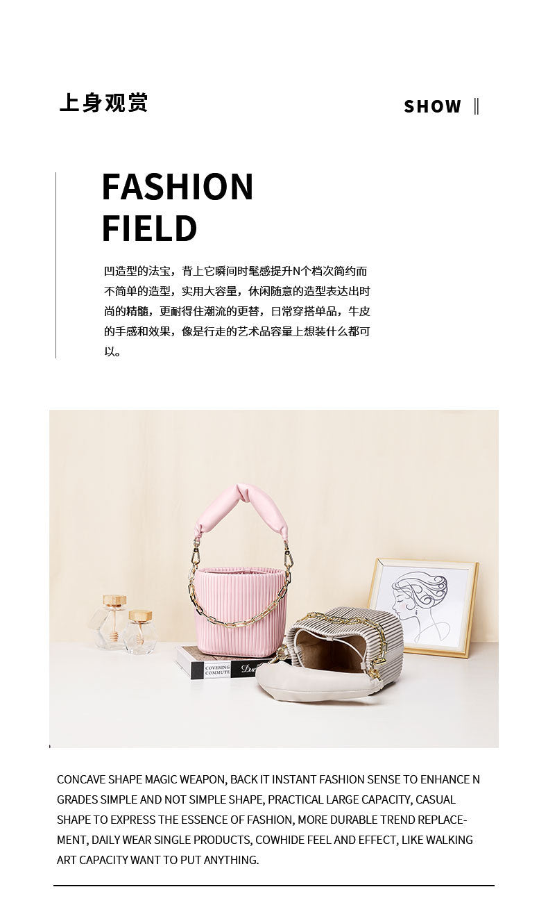 Unique Korean Design Pleated Bucket Bag for Women with Chain Handle, Versatile Fashionable Single Shoulder Crossbody Bag for Ladies