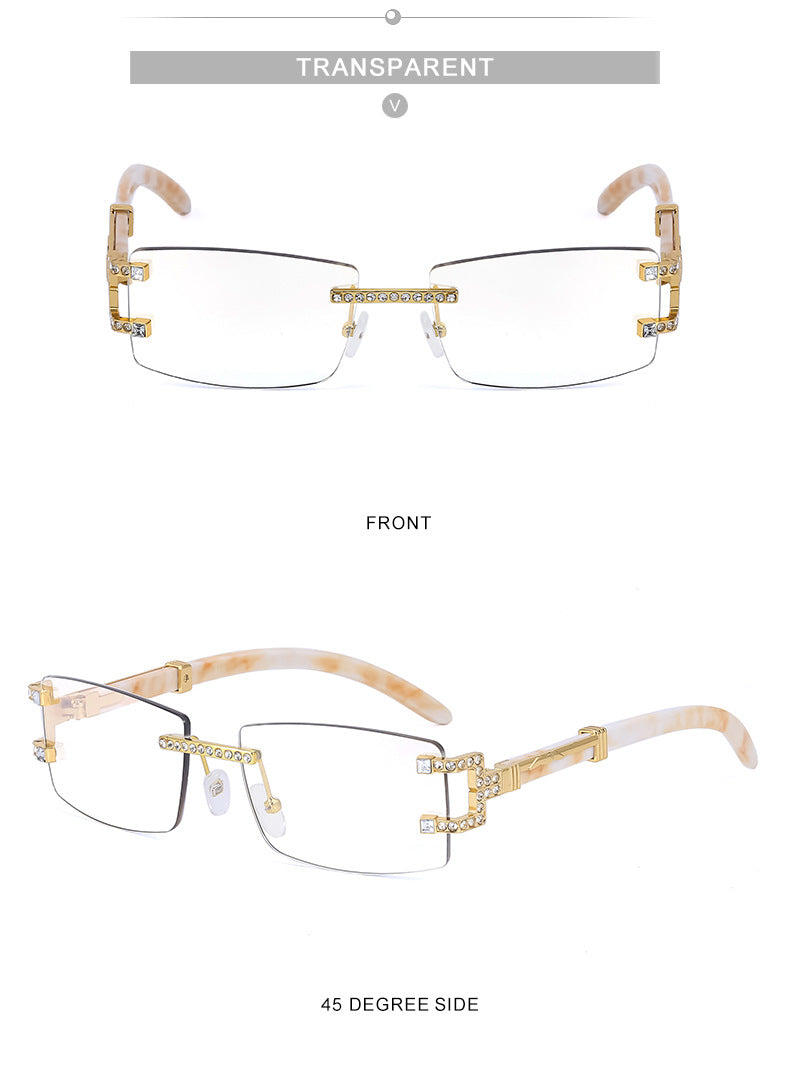 Imitation Wood Grain Leg Retro Sunglasses for Men Fashion Trend Diamond-Studded Rimless Sunglasses Men's Sun Protection Square Frame Glasses Street Style