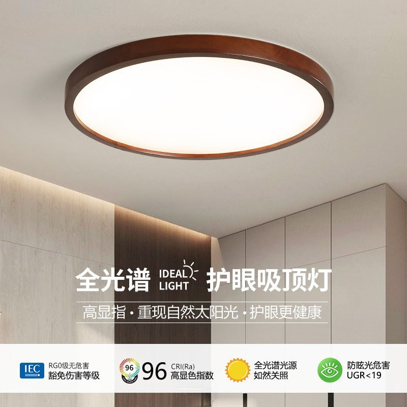 New Chinese Style Ceiling Light for Bedroom, Round Modern Simple Walnut Color Solid Wood Nordic Room LED Lamp
