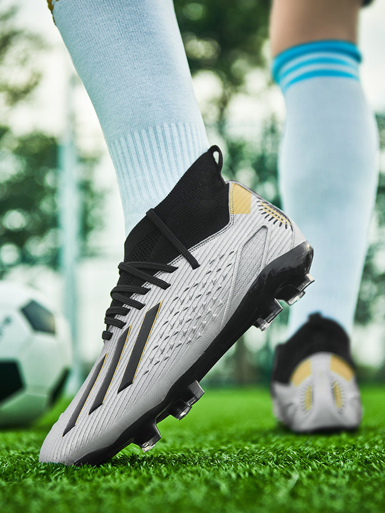 High-top Unisex Youth Soccer Shoes with Broken and Long Spikes for Grass Field Competition Training Student Sports Shoes