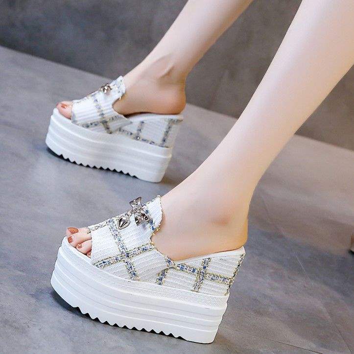 Summer Women's Thick-Soled Waterproof Platform Wedge Slippers with Hidden Height Increase12cm Fish Mouth Beach Sandals for Women