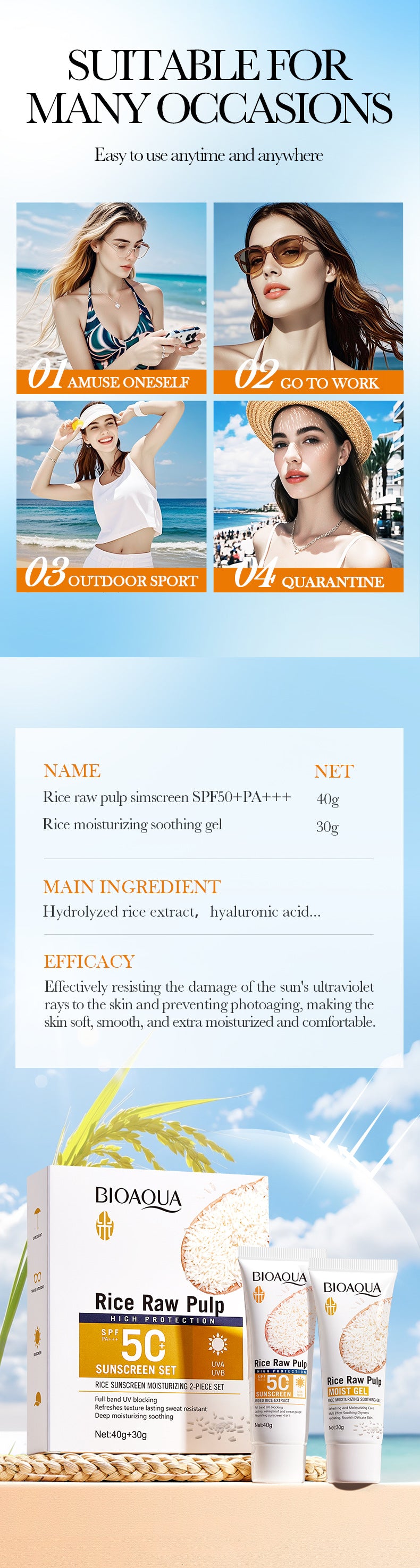 BIOAOUA Rice Puree Sunscreen Moisturizing Care2Set of Isolation Sunscreen Cream  Wholesale