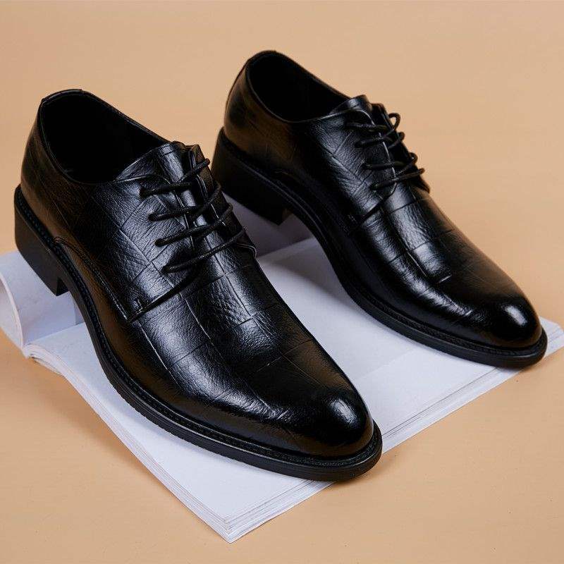 Pointed Toe Lace-Up Business Formal Leather Shoes for Men Korean Version British Style Casual Shoes with Hidden Wedge Versatile Youth Trendy Men's Shoes