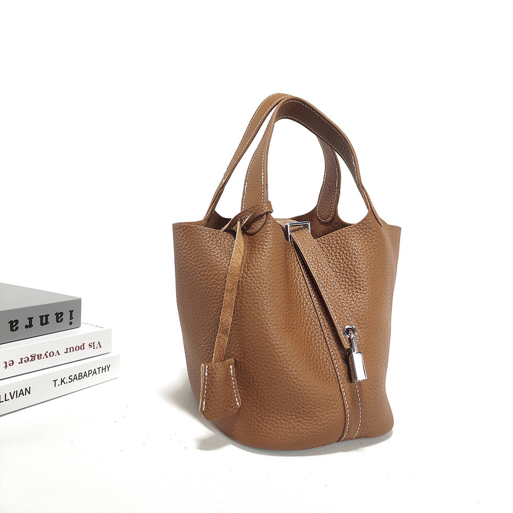 Women's Basket Bag2025New High-End First Layer Cowhide Bucket Bag Casual Handheld Women's Tote Bag Trendy