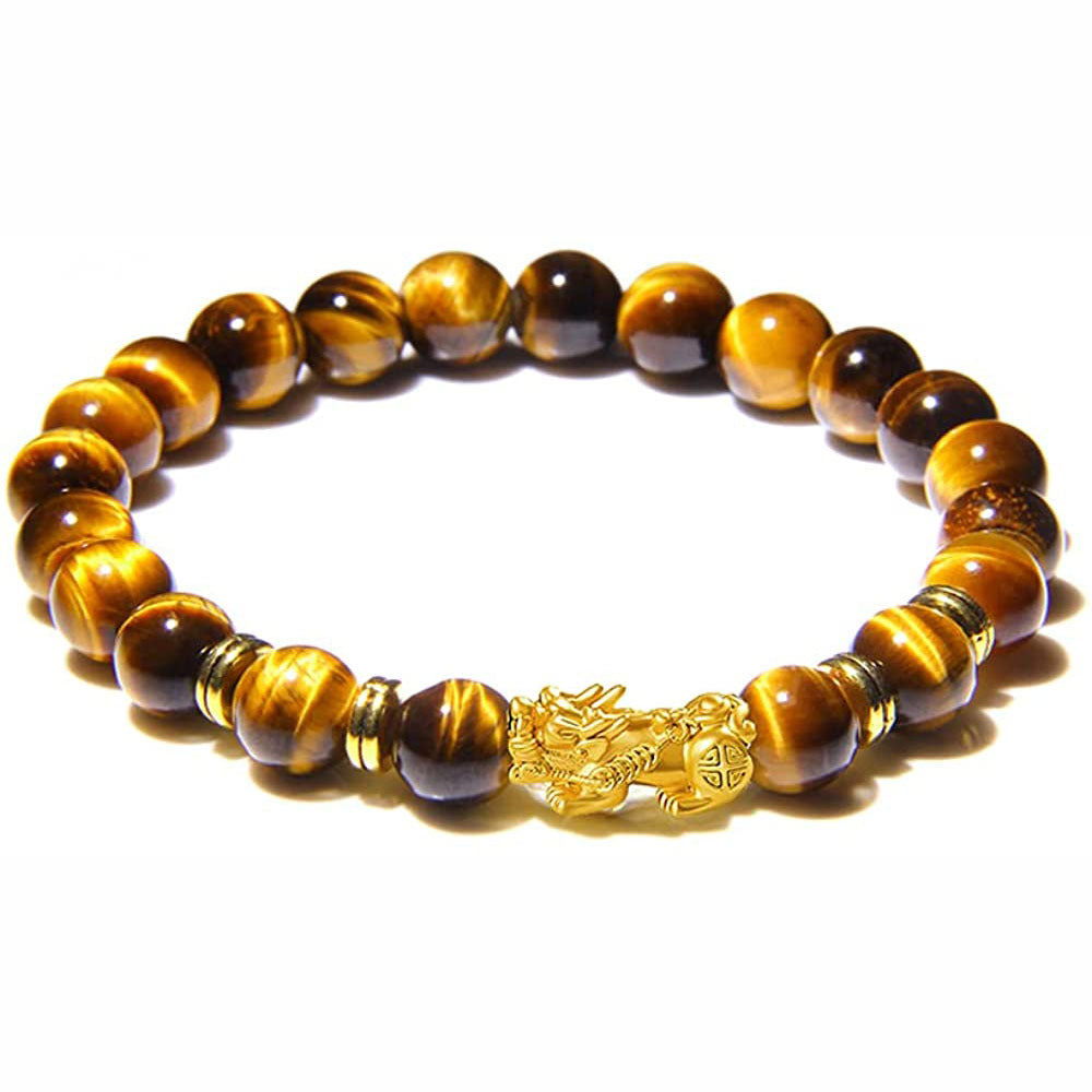 Fortune-Attracting Pixiu Bracelet Men's Gift8mm Blue Tiger Eye Beaded Natural Stone Yellow Tiger Eye Pixiu Bracelet