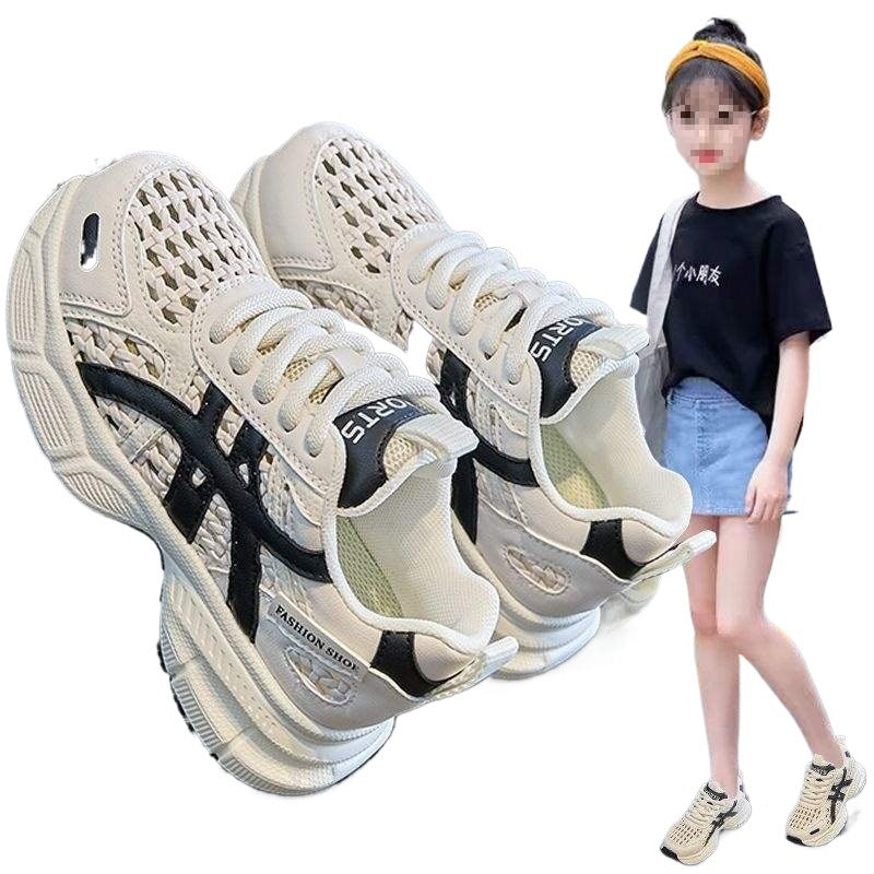 Girls' Sneakers2025Summer New Breathable Hollow Summer Dad Shoes for Big Kids Running Shoes Children's Shoes