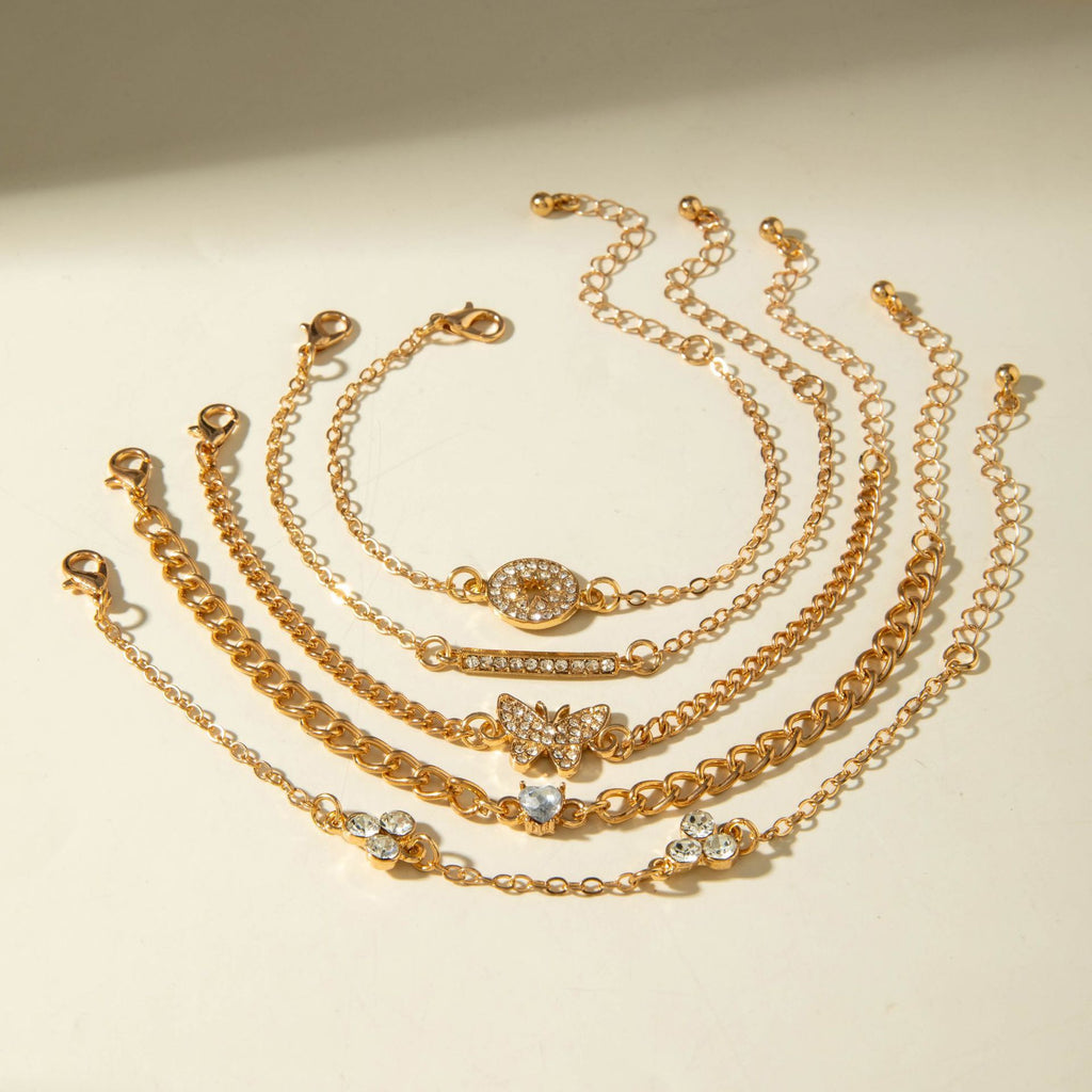 European and American Light Luxury Accessories Heart-shaped Leaf Inlaid Diamond Four-layer Bracelet Butterfly Knot Open Bracelet Set for Women