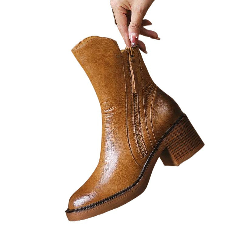 Spring and Autumn Thin Boots Thick Sole Round Toe Double Zipper Martin Boots Women's Thick Heel Platform Sole Versatile Retro Short Boots