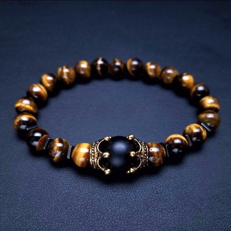 Men's Black Matte White Pine Bracelet8mm Elastic Cord Beaded Black Gallstone Volcanic Tiger Eye Frosted Crown Bracelet