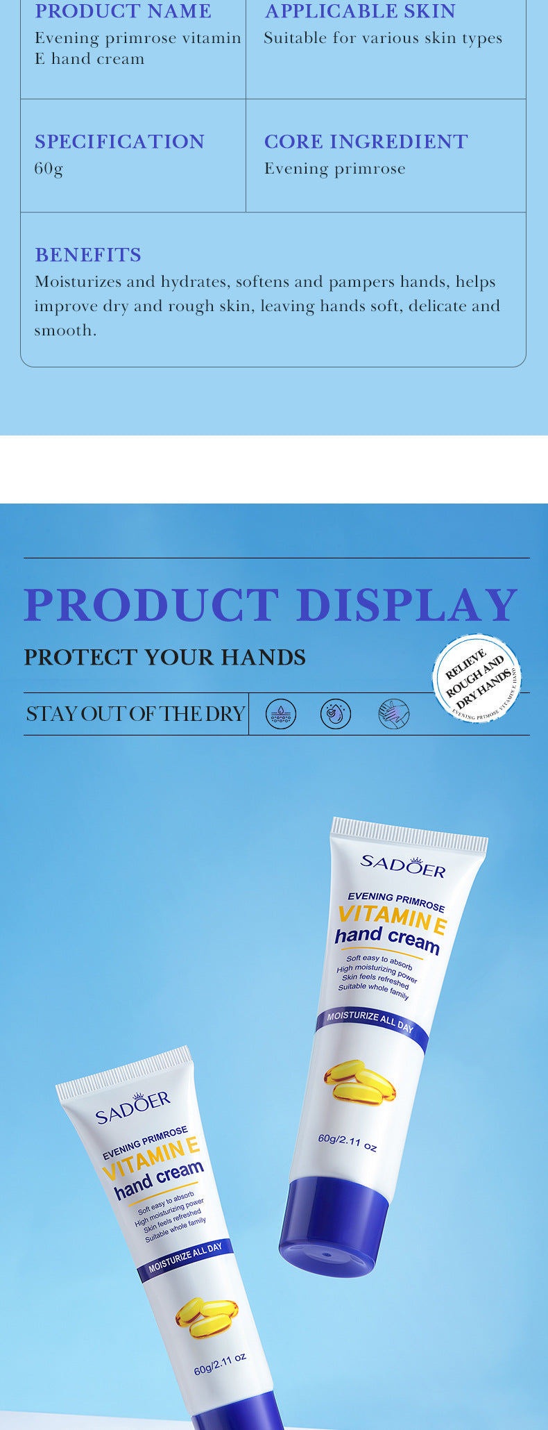 All English Vitamins E Hand cream SADOER Evening Primrose Hydrating Moisturizing Anti-Chapped  Wholesale