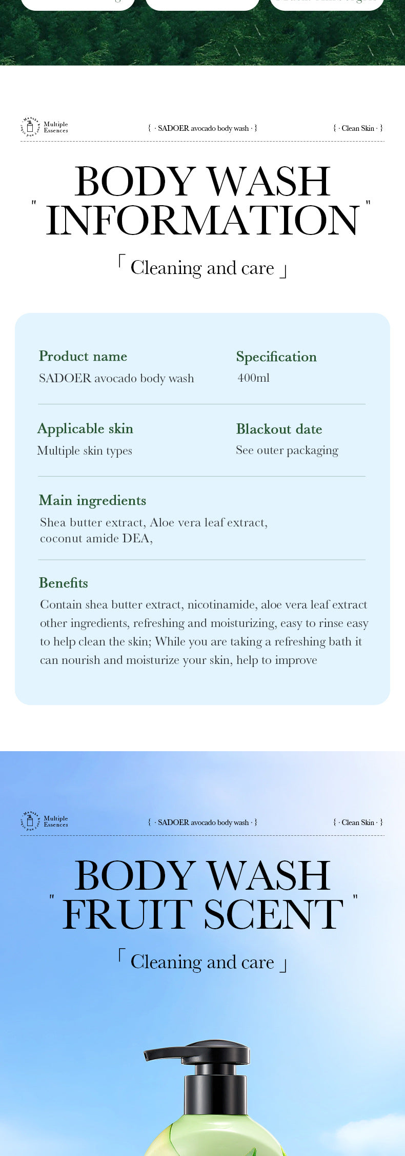 Full English Fruit Body Wash400ml SADOER Coconut Cleansing Avocado Shower Milk  Foreign Trade Wholesale