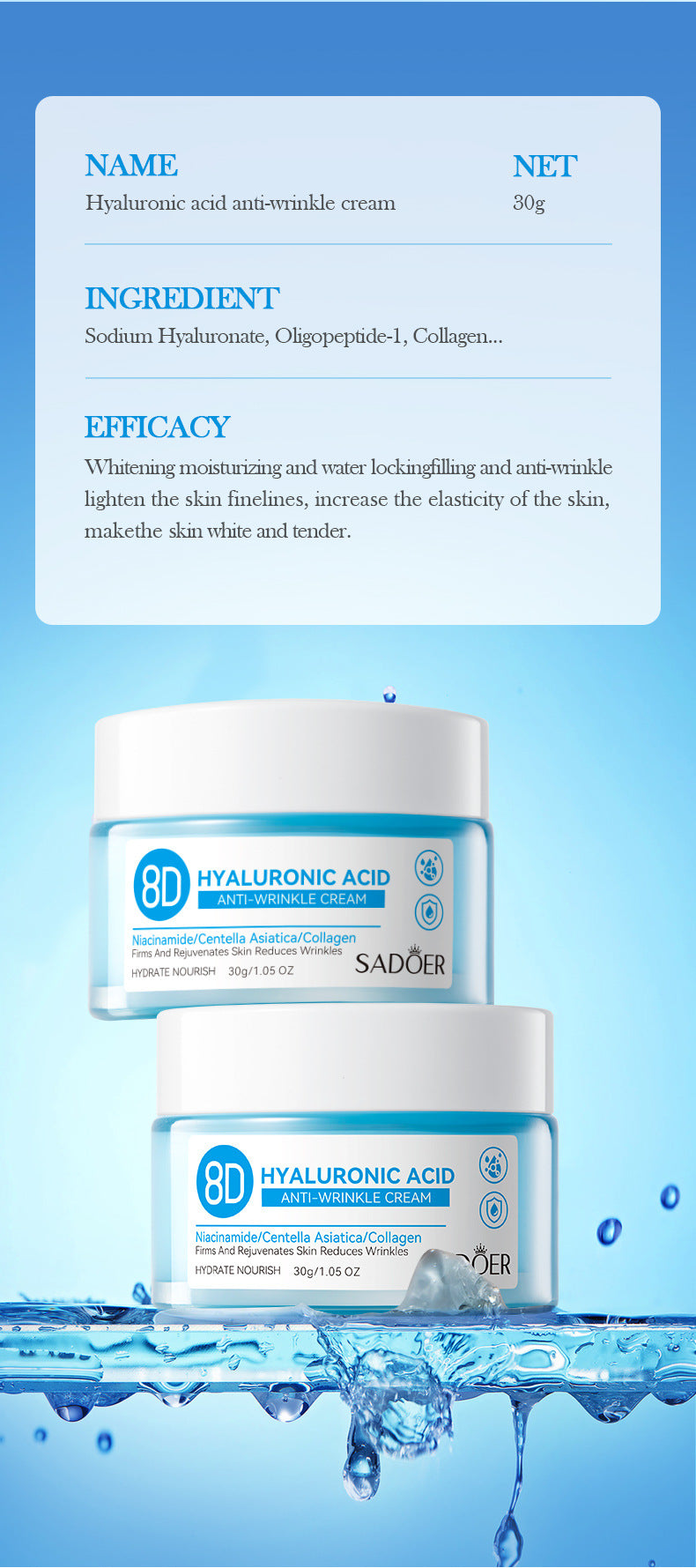 Full English Hyaluronic Acid Face Cream SADOER8D Anti-wrinkle Hydrating Nourishing Face Cream Moisturizing and Rejuvenating  Foreign Trade Wholesale
