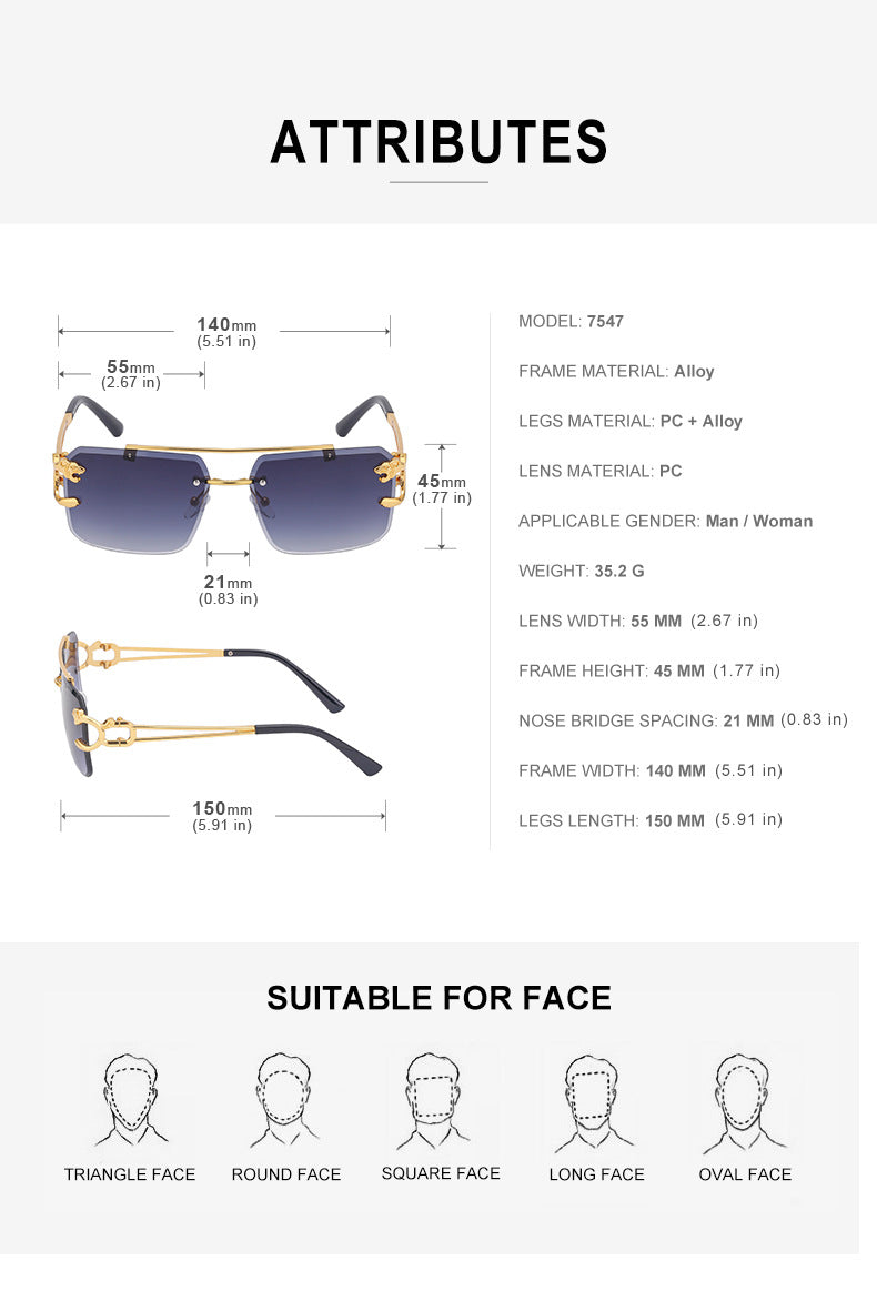 European and American Retro Double Bridge Sunglasses for Men Fashion Leopard Rimless Cut Edge Sunglasses for Women Wholesale shades