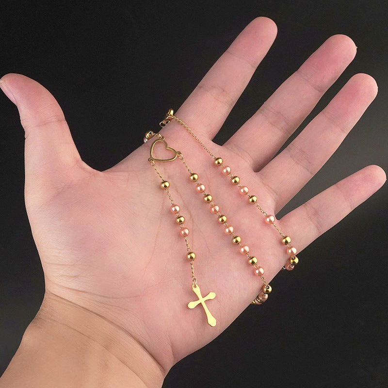 2025Autumn Winter New Style Personality Cross Titanium Steel Necklace Light Luxury Niche Stainless Steel Beaded Sweater Chain for Women