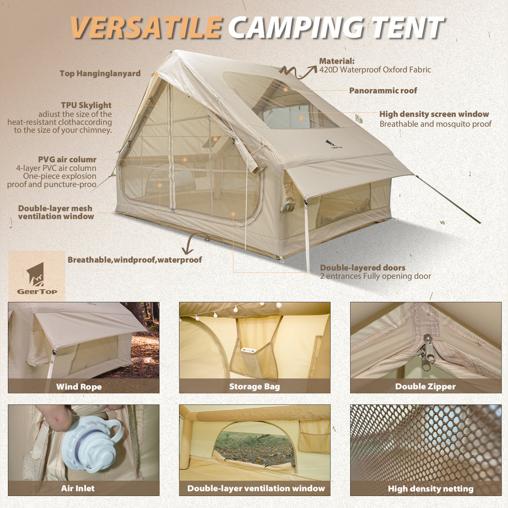 6.3㎡Inflatable Tent Outdoor Camping Oxford Cloth Light Luxury Family Camping Small House Camp Tent3-4People