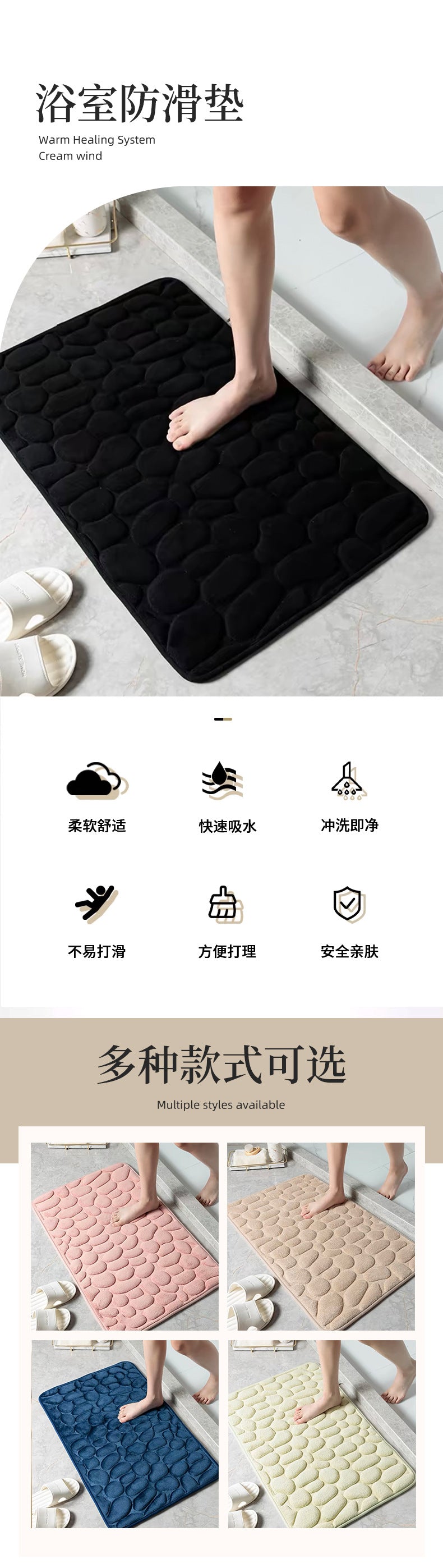 Bathroom Floor Mat Pebble Embossed Entrance Door Mat Absorbent Foot Mat Toilet Quick-Dry Non-Slip Rug