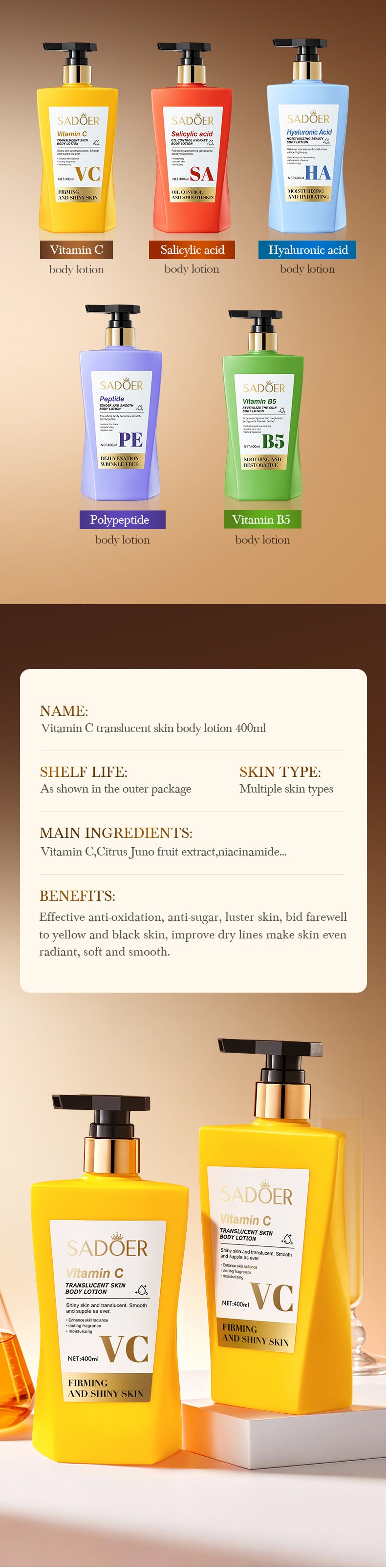 All English Vitamins C Translucent Body Lotion SADOER Moisturizing Body Lotion  Wholesale